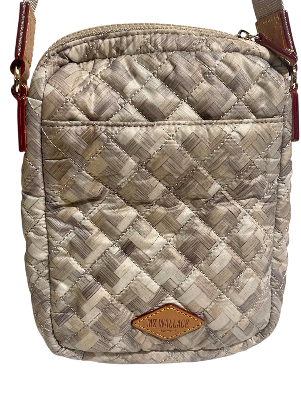 MZ Wallace Quilted Crossbody in Beige Taupe with Brown Trim